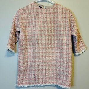 Pink Tweed Fringe Short-Sleeve Top